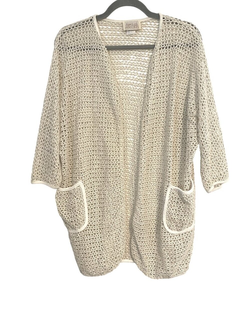 Sand Dollars Women Cream Gold Cardigan Cover Up Pockets Open Knit Summer Casual